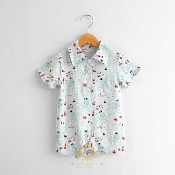 NWT Cute Boys Oxford Romper One-Piece Short Sleeve Shorts Octopus Ocean 3-6M